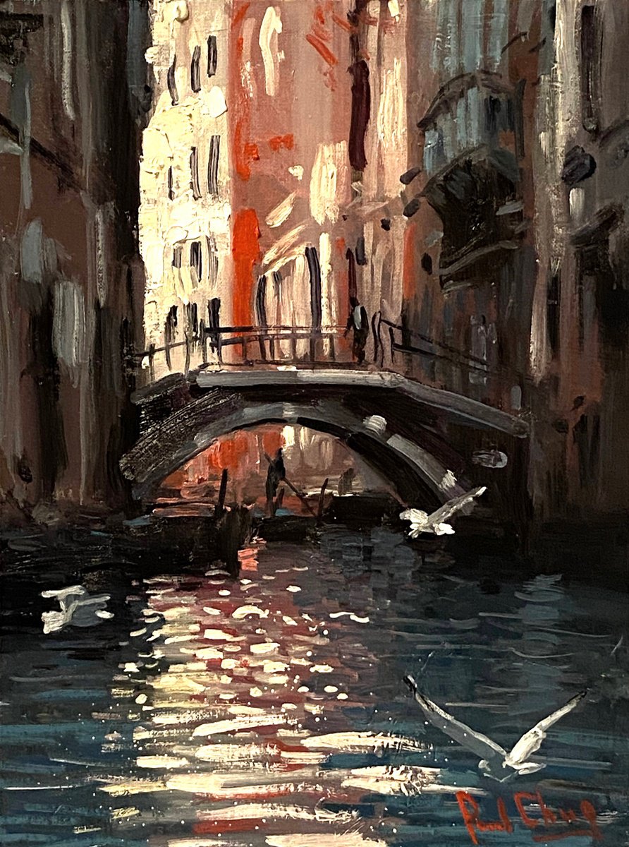 Impressionistic Cityscapes Oil Painting By Paul Cheng, 12 X 16", Sunset Venice Seagulls, Original Artwork