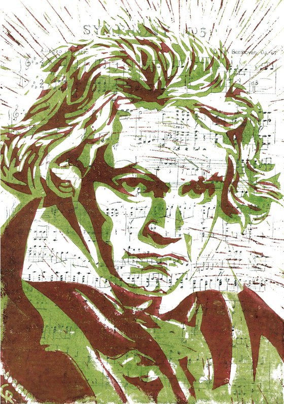 Composers - Beethoven - Portrait on notes im red and green