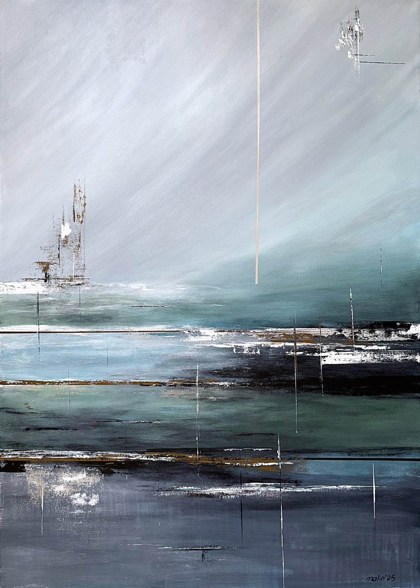 Organic Landscape Acrylic Painting By Tatiana Malinovscaia, 33 X 47", Tide Remains, Original Artwork