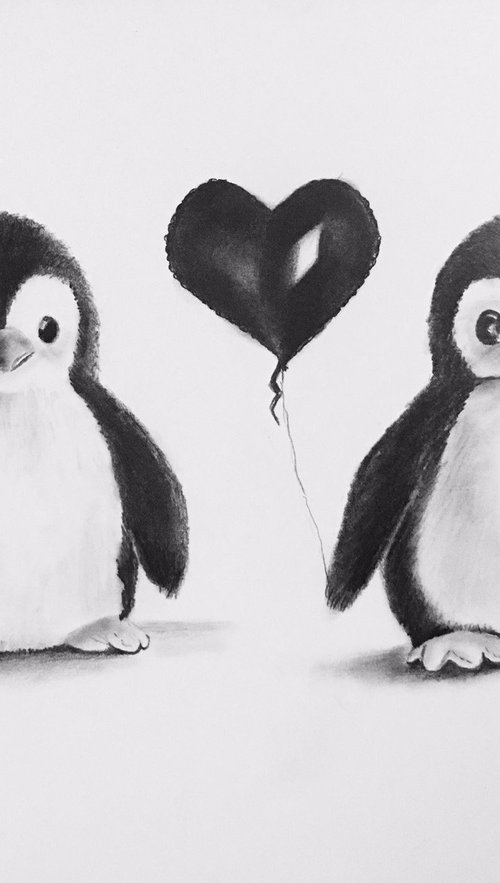 Two toy penguins by Maxine Taylor
