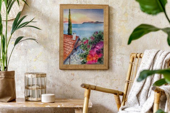 Mediterranean vibe - original watercolor cityscape seaview