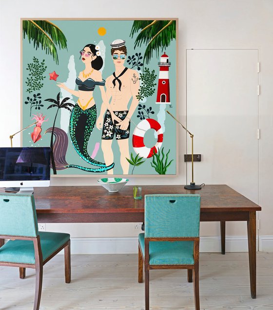 The Sailor and the Mermaid N°2 - Art-Deco - Summer - XLarge painting