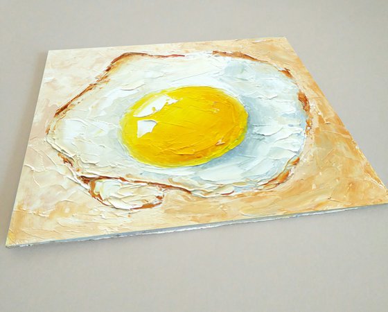 Fried Egg Painting Original Art Kitchen Food Artwork Breakfast Wall Art Small Oil Painting