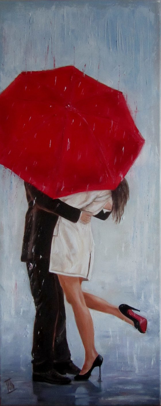Happy meeting. Man and Woman under Red Umbrella