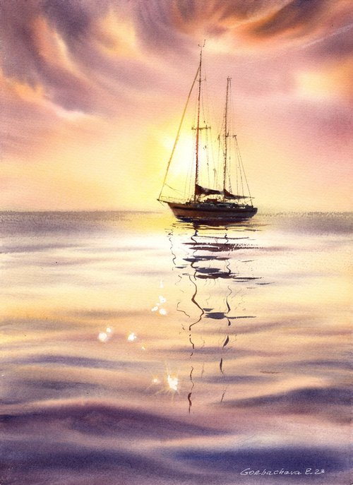 Yacht at sunset #8 by Eugenia Gorbacheva