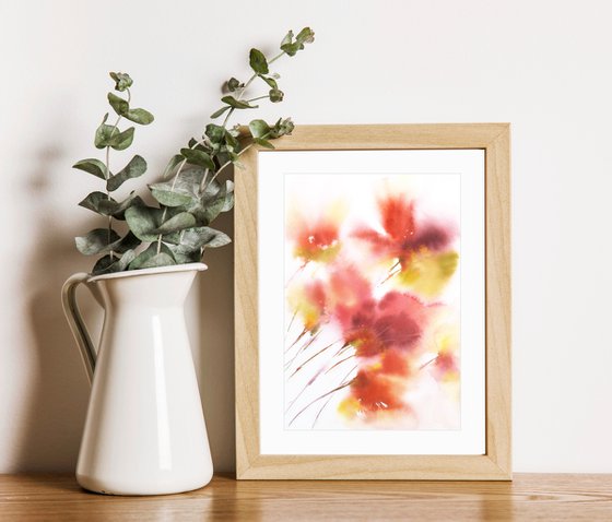 Red abstract flowers watercolor painting. Floral set of 3