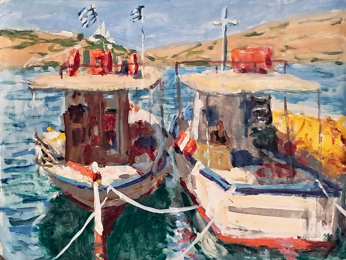  2 Fishing Boats By Dimitris Voyiazoglou, 20 X 17, Artwork For Sale On Artfinder