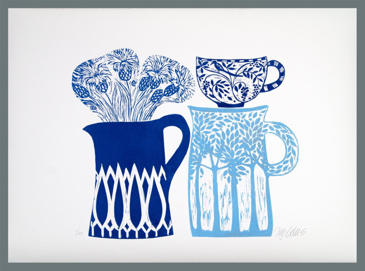 Cornflowers and jugs, linocut blue and white by Mariann Johansen-Ellis