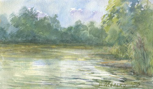 Pond atmosphere / Landscape in green tones. Original watercolor sketch. Small summer picture by Olha Malko
