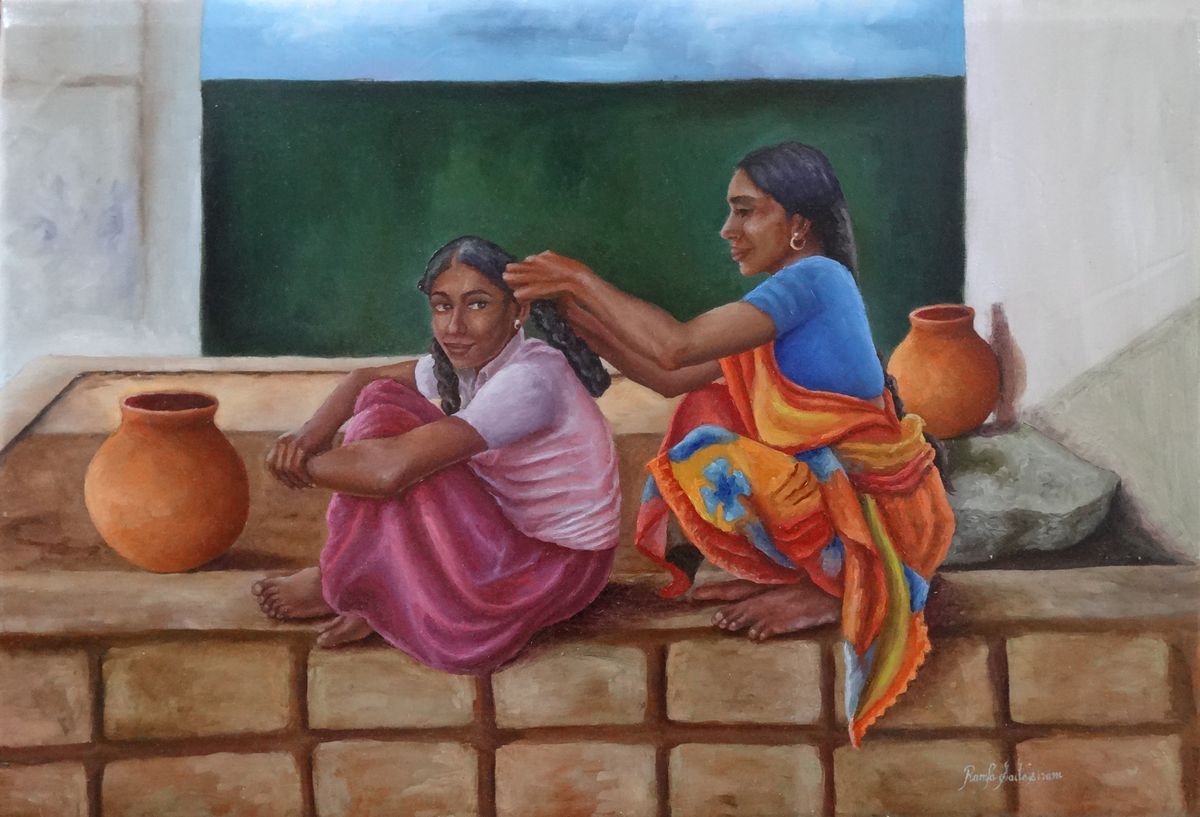 Mother combing her daughter by Ramya Sadasivam