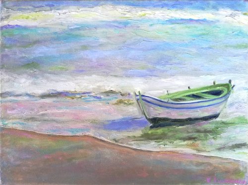 A day on a seacoast Small Marine Seascape Ocean Waterfall Boat Oil Artwork Seapainting Harbour by Katia Ricci