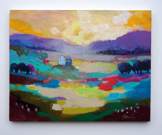 Alone in the Valley 14x11" Colorful Abstract Landscape Painting Original