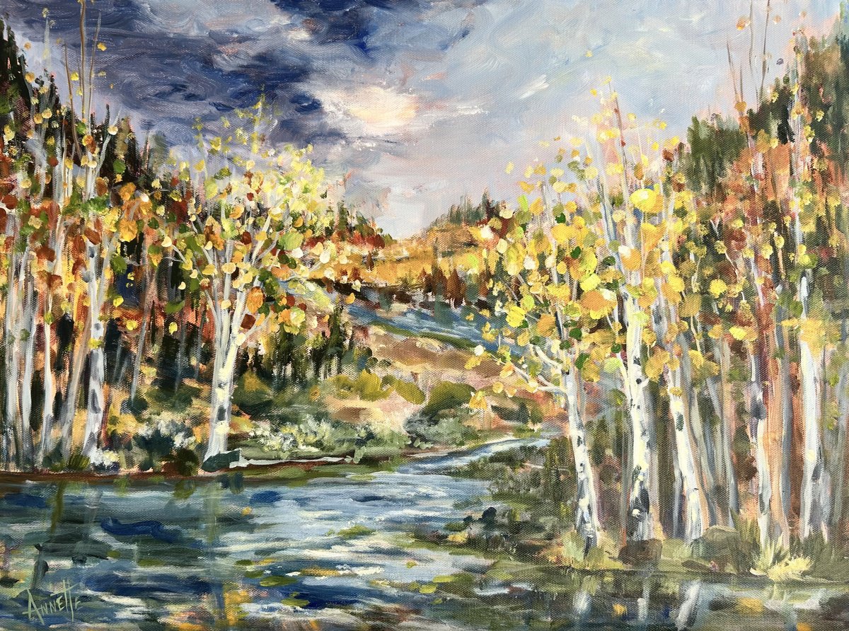 Impressionistic Landscape Acrylic Painting By Annette Wolters, 24 X 18, Aspen Glow, Original Artwork