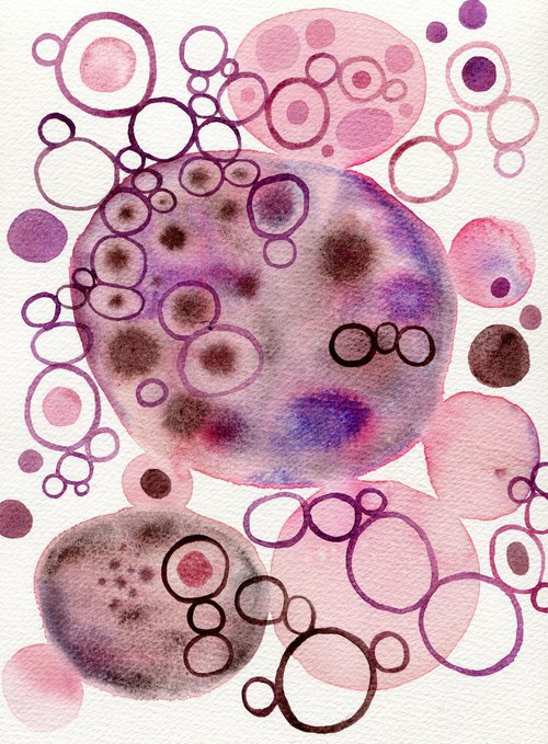 Abstract watercolor art with pink and violet circles by Liliya Rodnikova