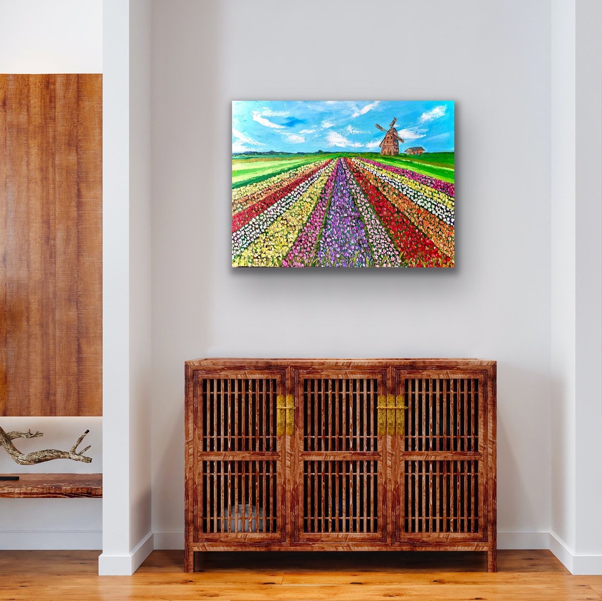 Impressionistic Landscape Acrylic Painting By Pooja Verma, 31 X 24", Chasing Rainbow-Tulip Field, Original Artwork