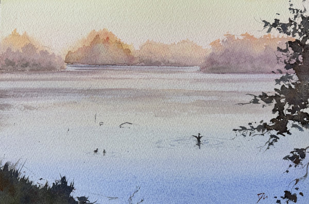Impressionistic Landscape Watercolour By Shelly Du, 12 X 8", Beautiful Evening At Princeton, Original Artwork