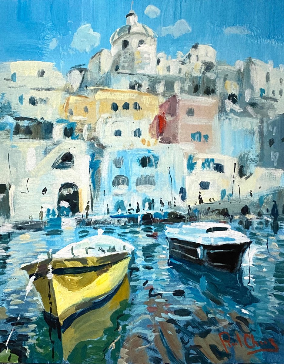 Impressionistic Cityscapes Acrylic Painting By Paul Cheng, 16 X 20", Procida, Italy, Original Artwork