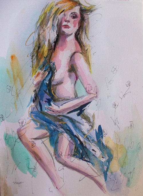 Symphony - Nude Woman Painting on Paper by Antigoni Tziora