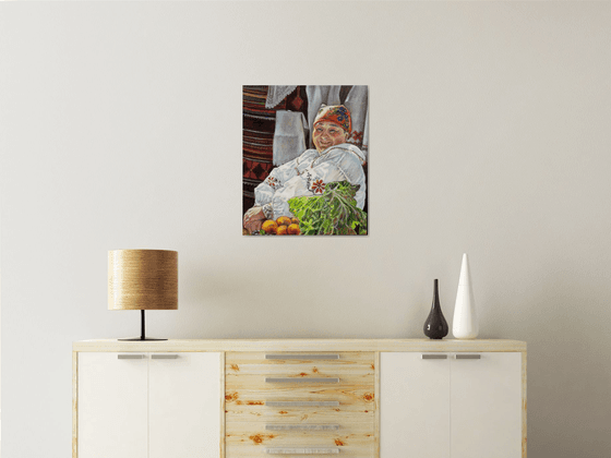 Cheerful Market Seller - original painting woman portrait folk