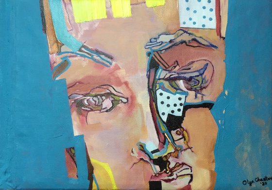 Portrait blue emotional face figurative painting on canvas