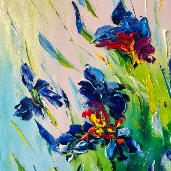 BLUE SALUTE - Irises. Majirel. Azure Irises. Bloom. Flower art. Decor irises. Blue petals. 3d flowers. Very Peri.