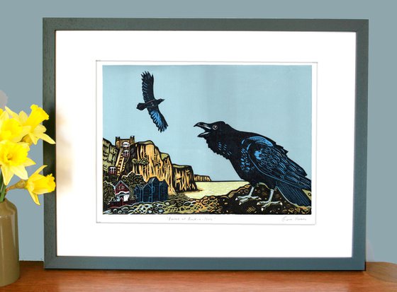 Ravens at Rock-a-Nore, Hastings, East Sussex. Limited Edition linocut