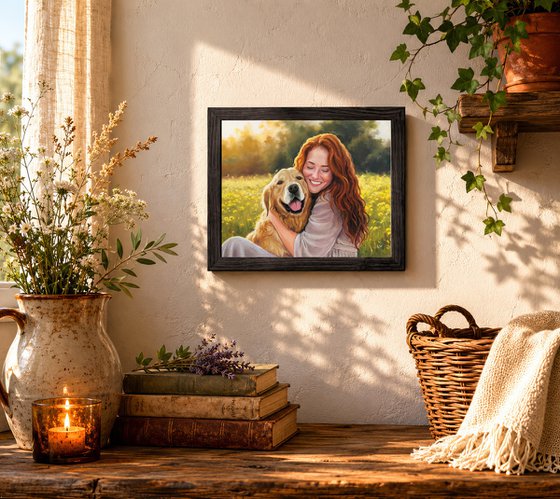 Smiling red-haired woman hugging a dog