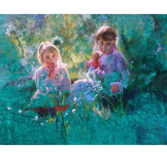 Two Sisters Painting  Poppy Field Original Art  by Olga Tsarkova