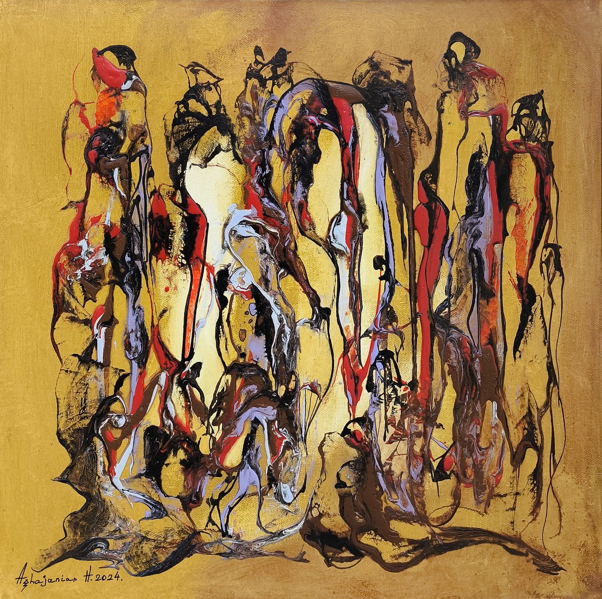 Abstract Portrait Oil Painting By Harutyun Aghajanyan, 24 X 24, Ethereal Figures, Original Artwork