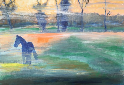 horse and foggy sunrise impression by René Goorman