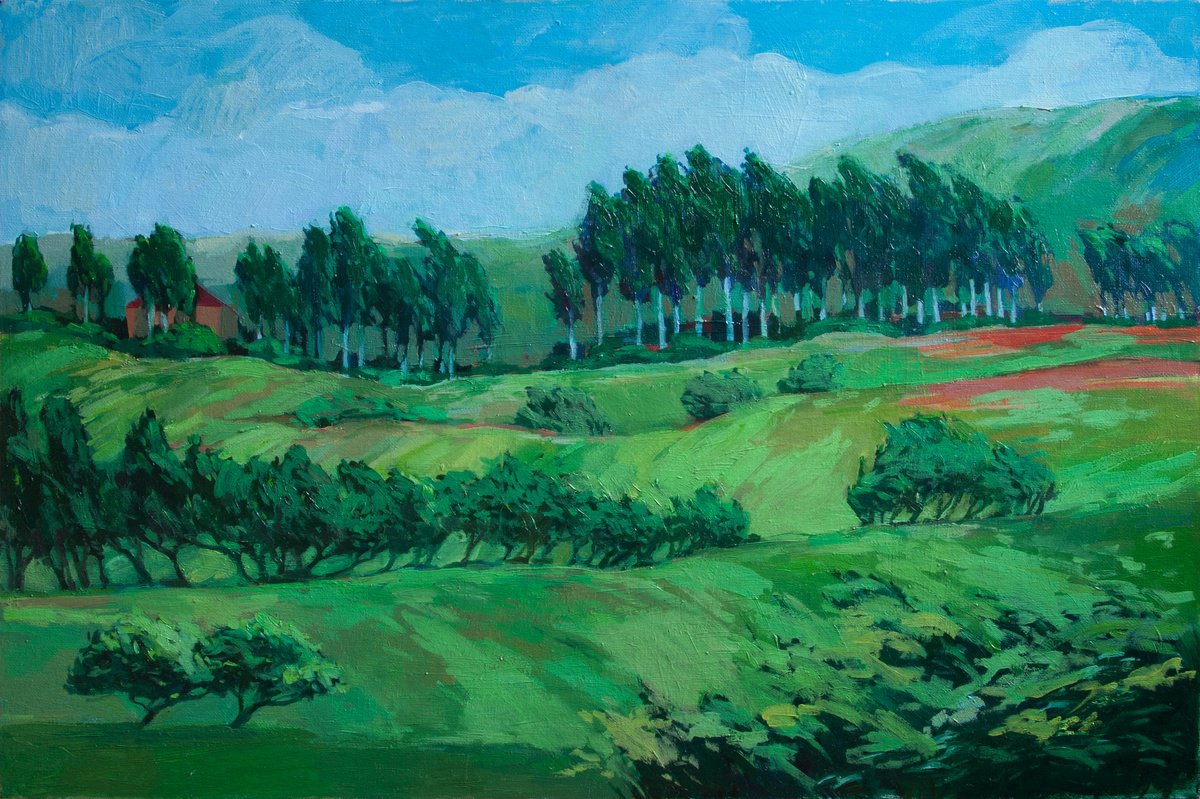 Impressionistic Landscape Oil Painting By Anna Khaninyan, 24 X 16, Summer Landscape, Original Artwork