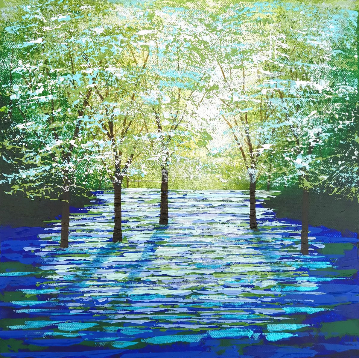 Impressionistic Botanical Acrylic Painting By Amanda Horvath, 12 X 12, Bluebell Lights, Original Artwork