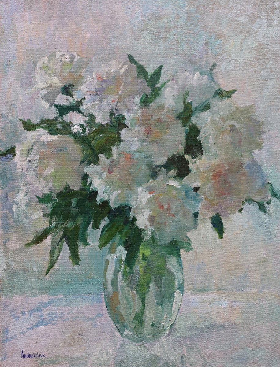 Impressionistic Botanical Oil Painting By Artem Andreichuk, 24 X 33, - White Peonies - ?, Original Artwork
