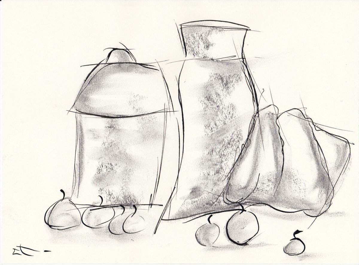 Expressive Still Life Charcoal Drawing By Lionel Le Jeune, 12 X 8", Still Life, Original Artwork