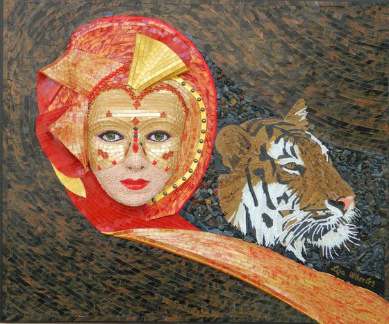 Moods - Original, unique, fantasy woman and tiger mixed media mosaic art in high-relief
