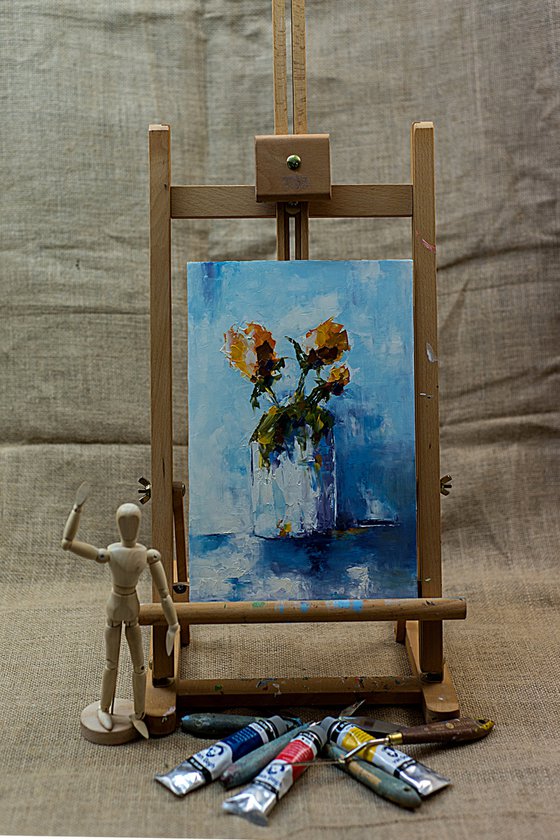 Modern still life painting. Flowers in vase