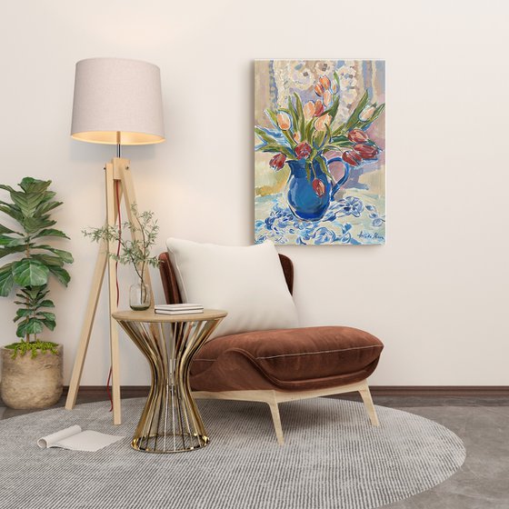 Tulips in a Blue Vase