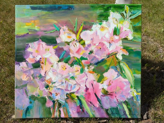 Summer impressions . Azalea booms .  Sunny painting of a flowering branch .  Original oil painting