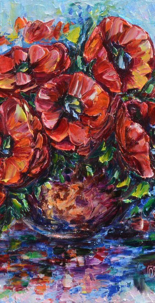 Poppies in Vase (Palette Knife) by Lena Owens at OLena Art