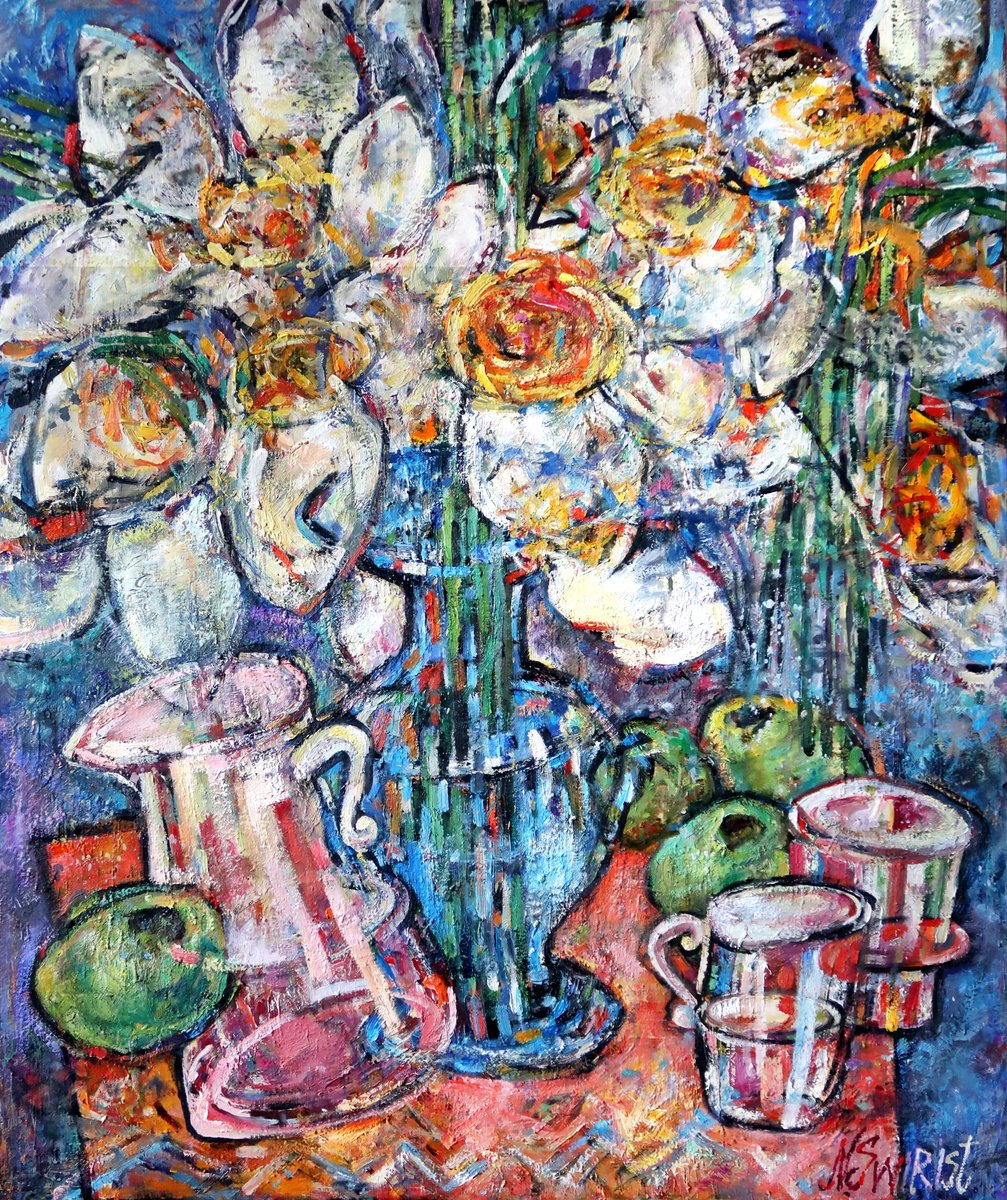 Daffodils, wine and apples. by Nicola Ost * N.Swiristuhin