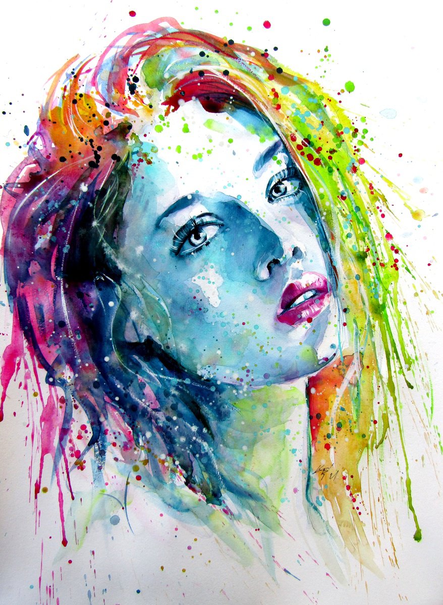 Impressionistic Watercolour , Charming Girl Vii By Kovacs Anna Brigitta, 20 X 28, Artwork For Sale On Artfinder