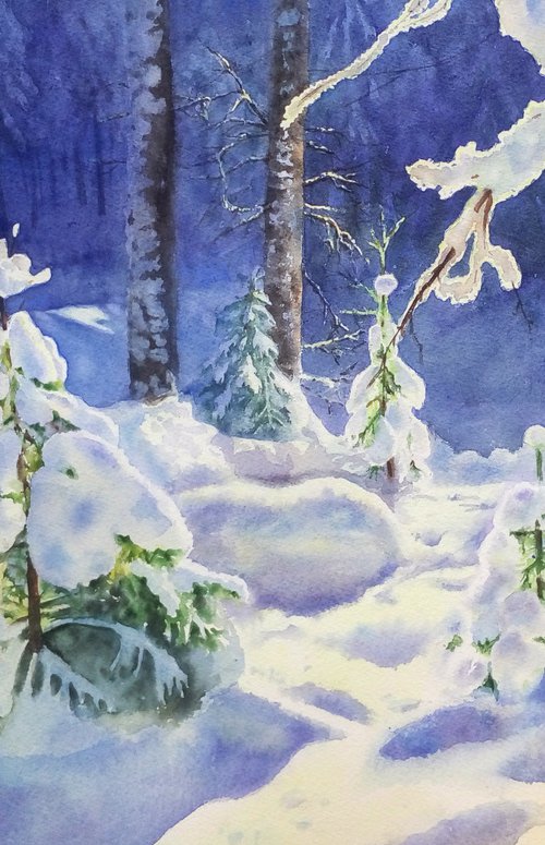 Deep Blue Winter - winter fore by Olga Beliaeva Watercolour