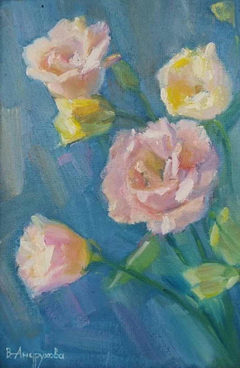 Impressionistic Botanical Oil Painting By Valentina Andrukhova, 9 X 13", Roses, Original Artwork