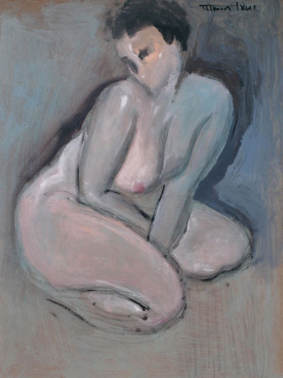 nude woman sitting on the floor, study