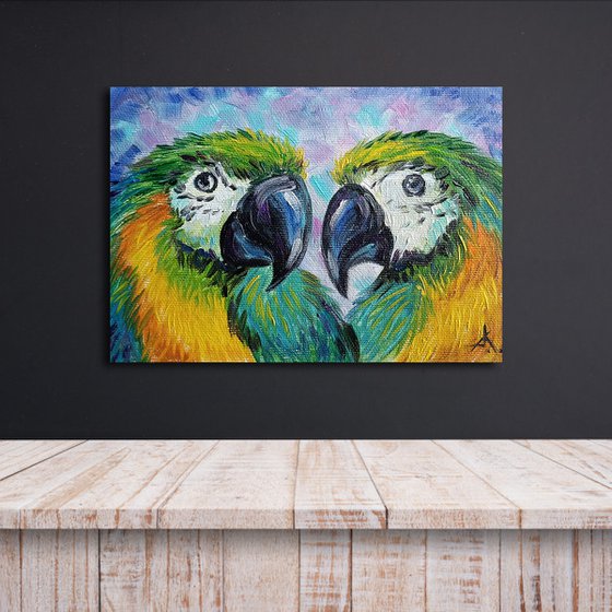 Love story - bird, parrots, painting on canvas, gift, parrots art, art bird, animals oil painting