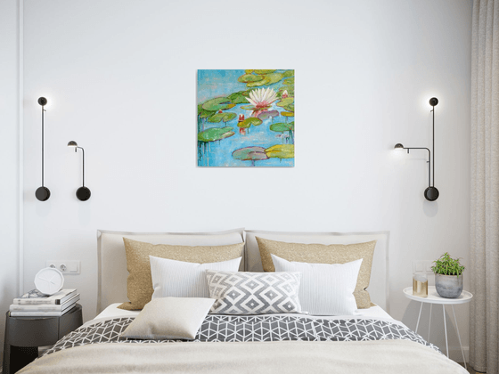 Nympheas 2, Nympheas Water Lily Painting Original Art Lotus Floral Wall Art Monet Pond Landscape, 50x50 cm, ready to hang.