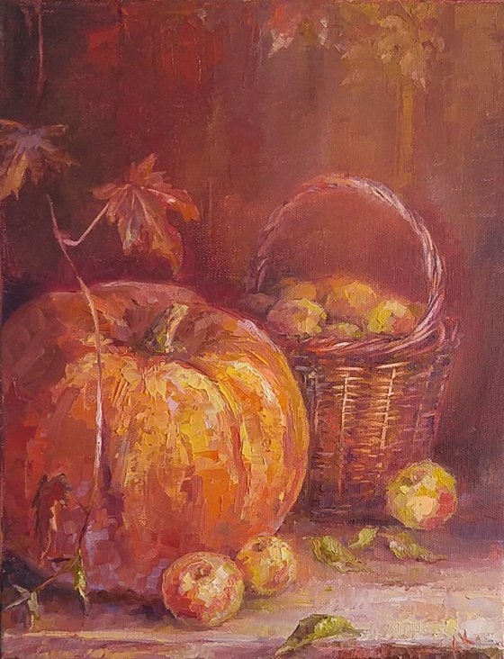 Still life with pumpkin and apples