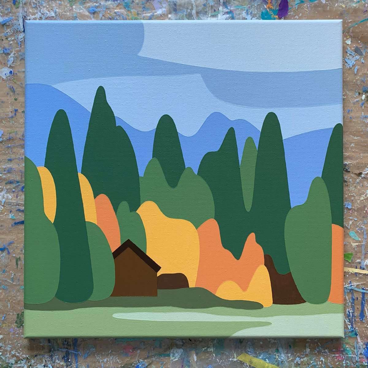 Abstract Landscape Acrylic Painting By Zoe Hattersley, 16 X 16", Autumn At The Cabin, Original Artwork