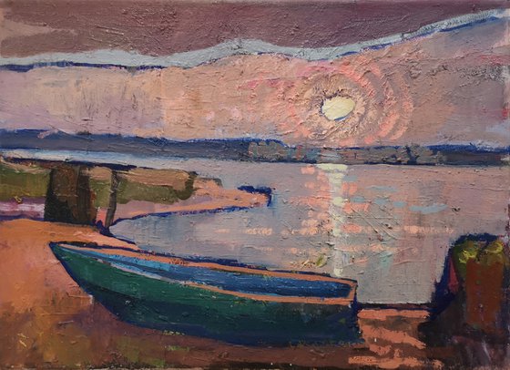 Boat. The shore. Water. Oil painting