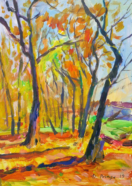 Autumn park, evening (plein air) original painting